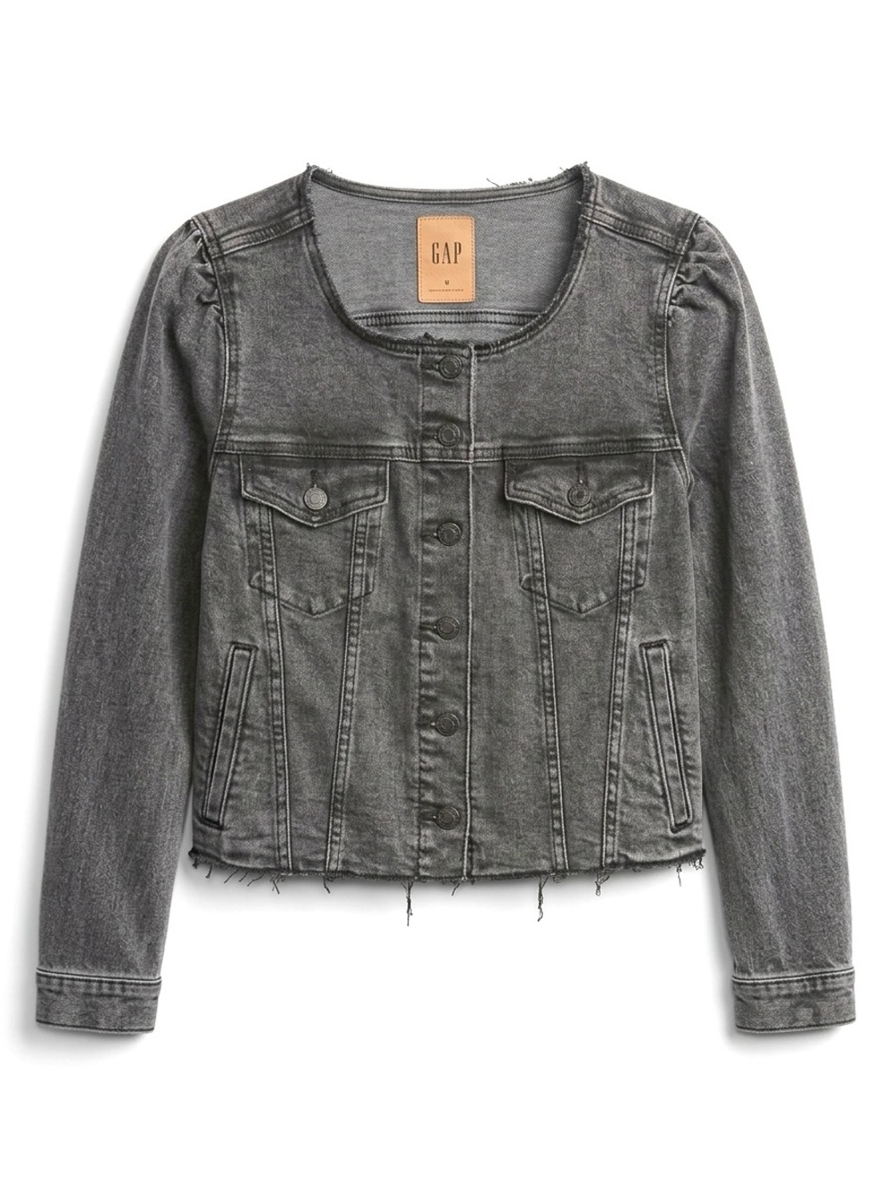 GAP Black Wash Puff Sleeve Collarless Frayed Hem Denim Jacket Size M Grunge Edgy